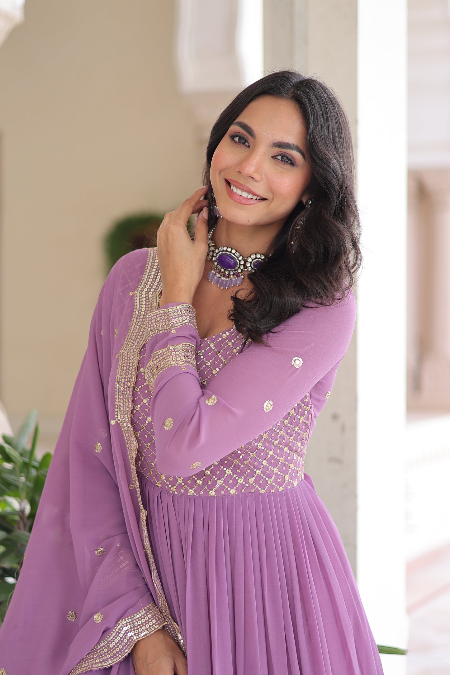 Elegant Faux Georgette 12 Meter Flair Gown with Embroidered Dupatta