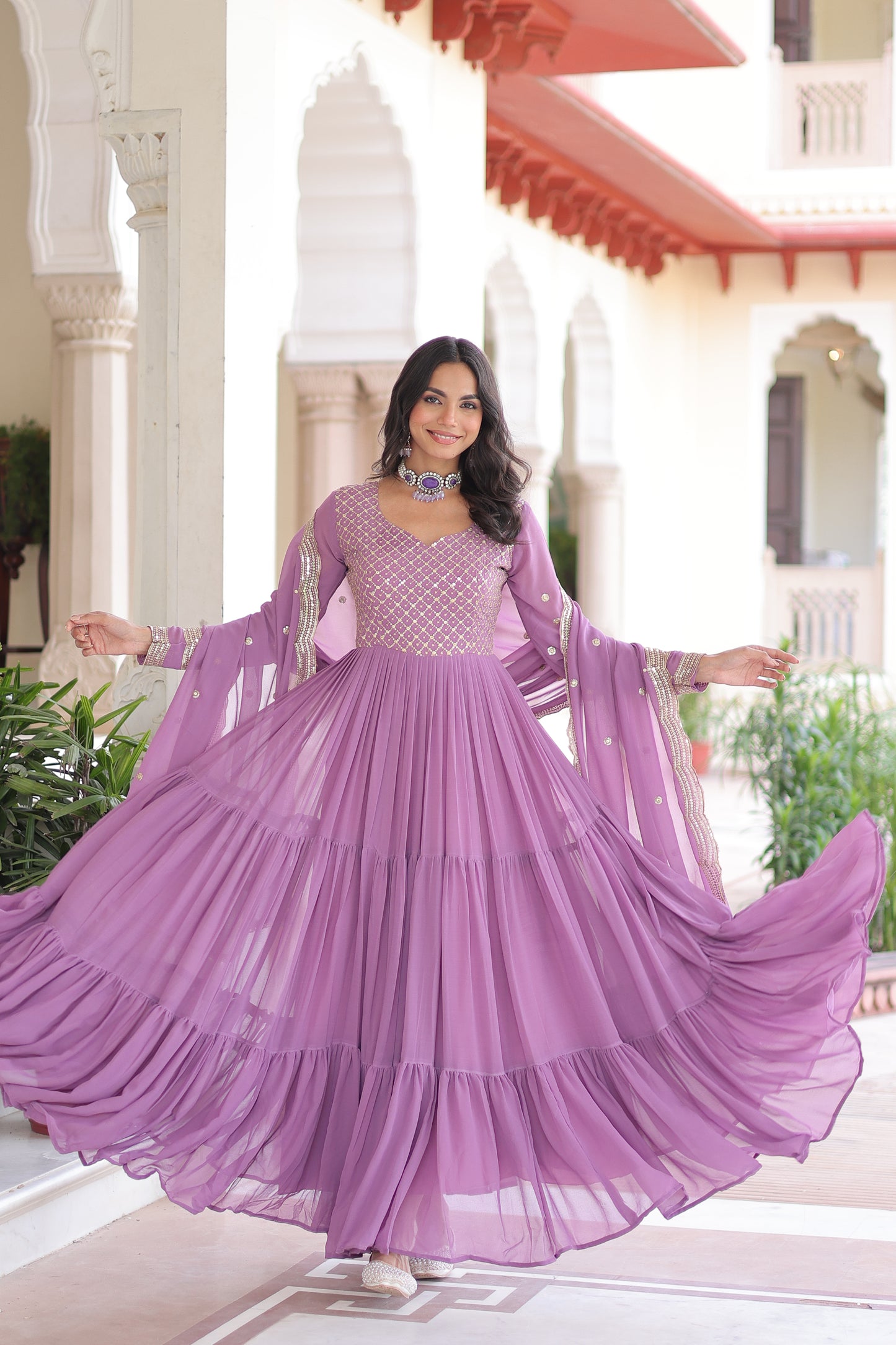 Elegant Faux Georgette 12 Meter Flair Gown with Embroidered Dupatta