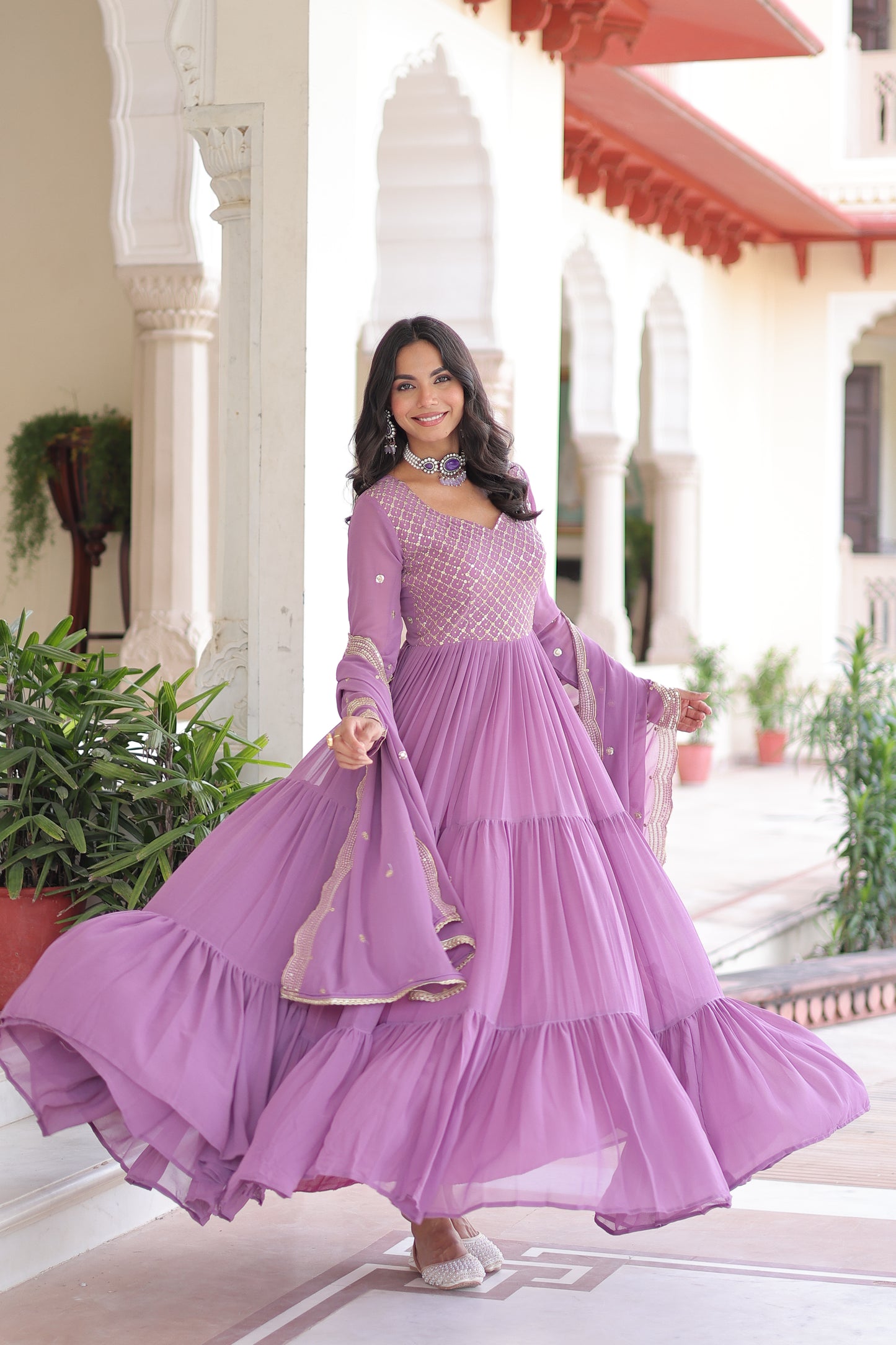 Elegant Faux Georgette 12 Meter Flair Gown with Embroidered Dupatta