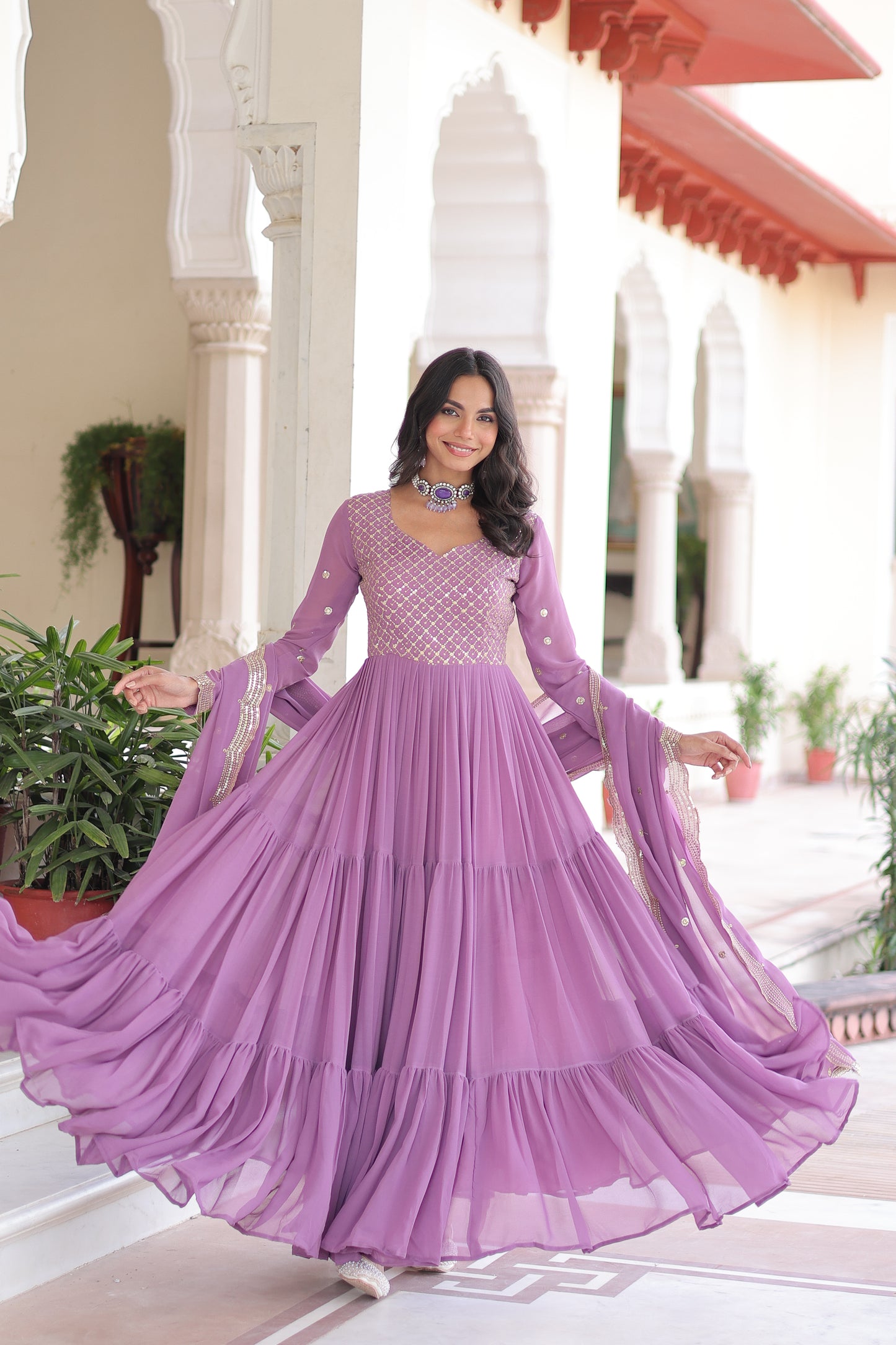 Elegant Faux Georgette 12 Meter Flair Gown with Embroidered Dupatta