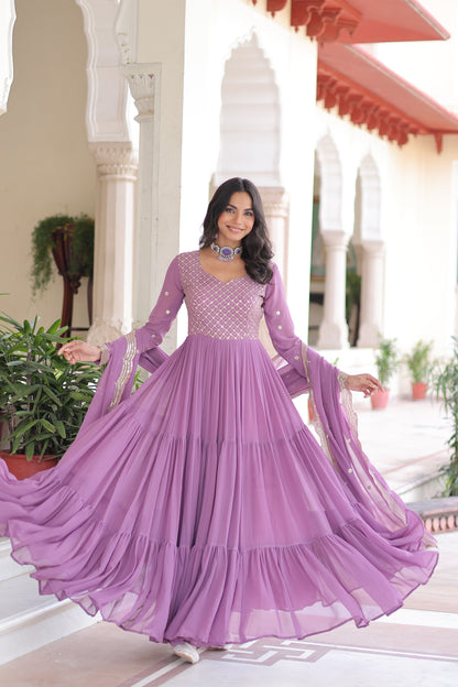 Elegant Faux Georgette 12 Meter Flair Gown with Embroidered Dupatta