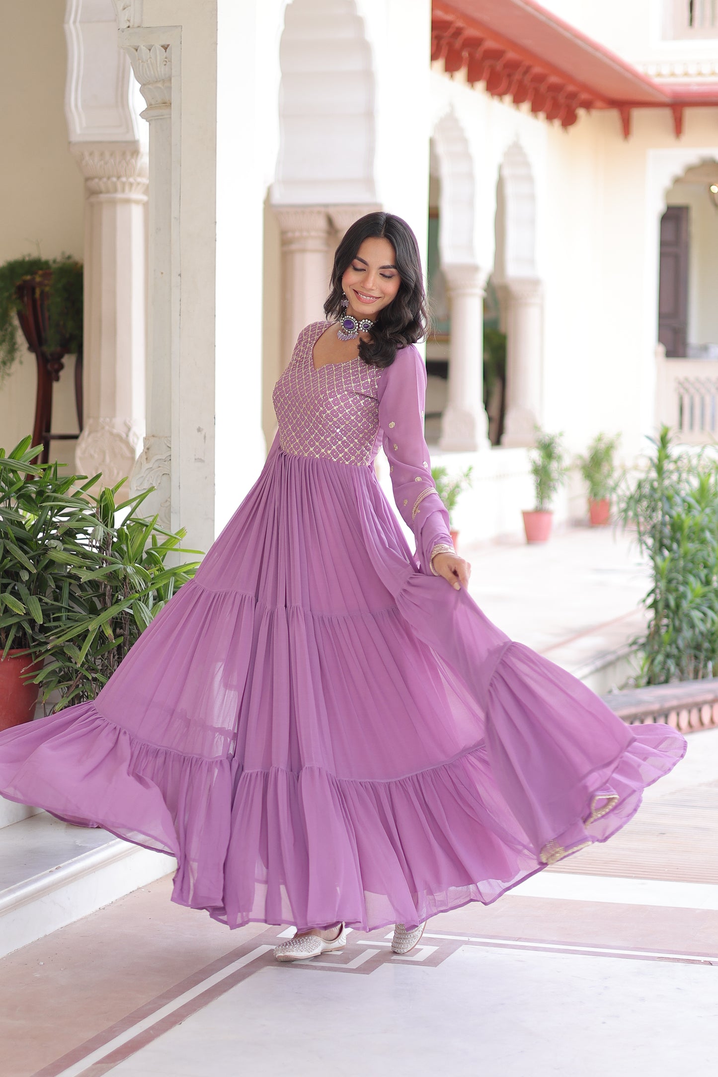 Elegant Faux Georgette 12 Meter Flair Gown with Embroidered Dupatta