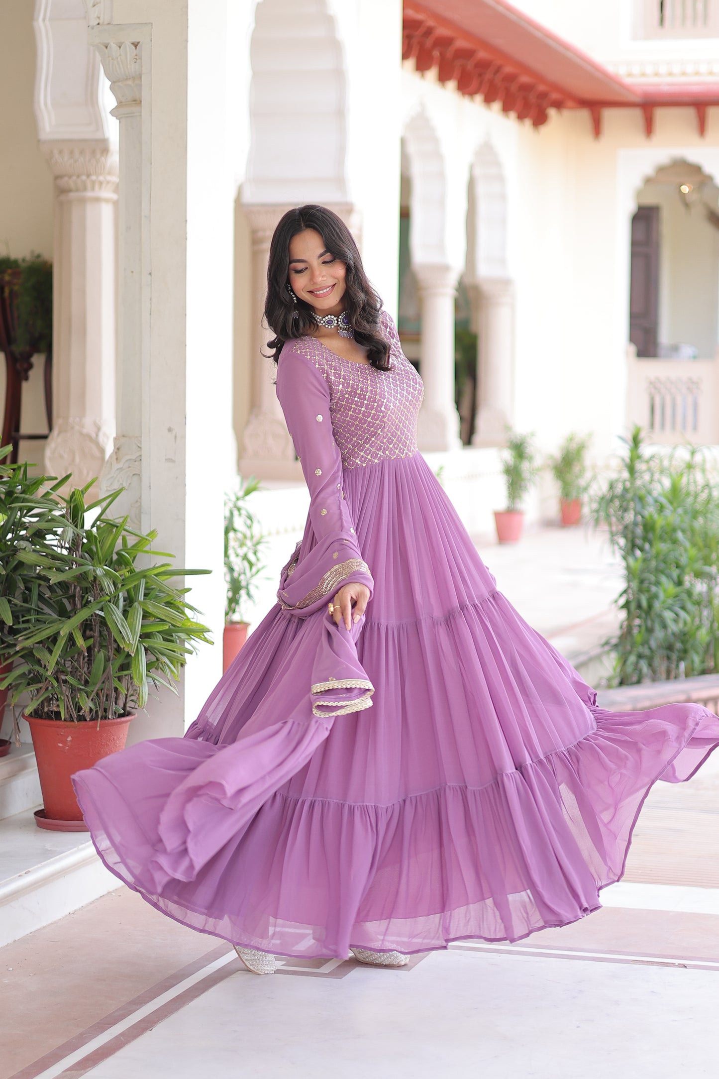 Elegant Faux Georgette 12 Meter Flair Gown with Embroidered Dupatta
