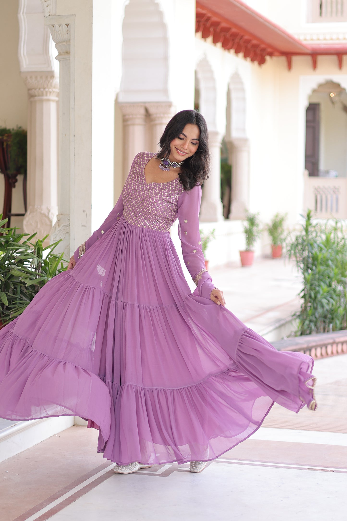 Elegant Faux Georgette 12 Meter Flair Gown with Embroidered Dupatta