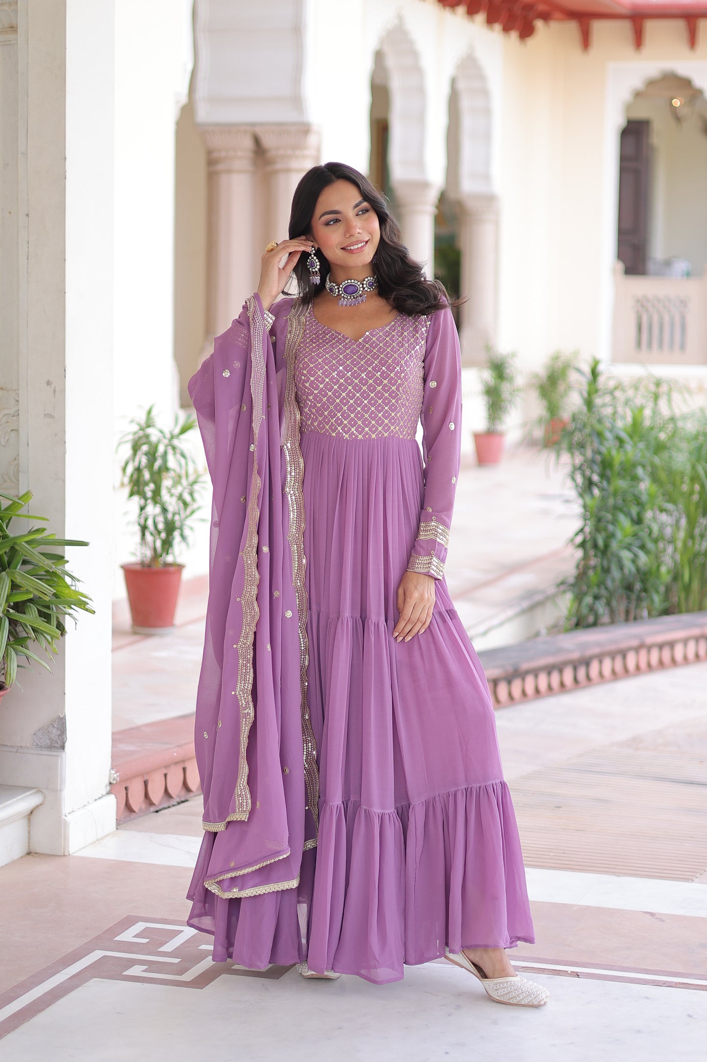 Elegant Faux Georgette 12 Meter Flair Gown with Embroidered Dupatta
