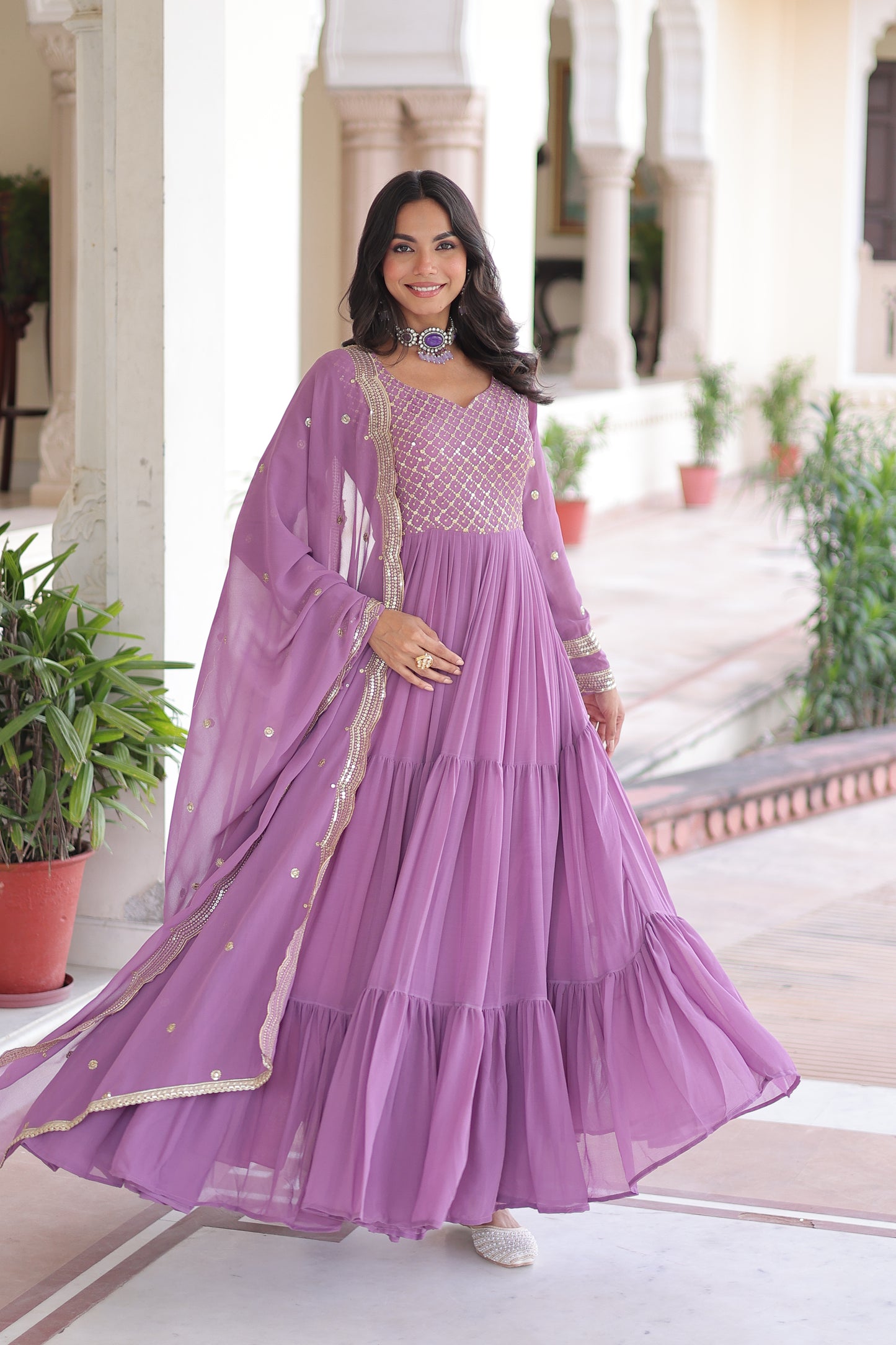 Elegant Faux Georgette 12 Meter Flair Gown with Embroidered Dupatta