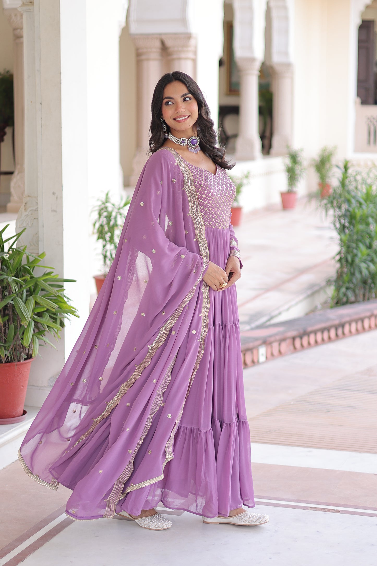 Elegant Faux Georgette 12 Meter Flair Gown with Embroidered Dupatta