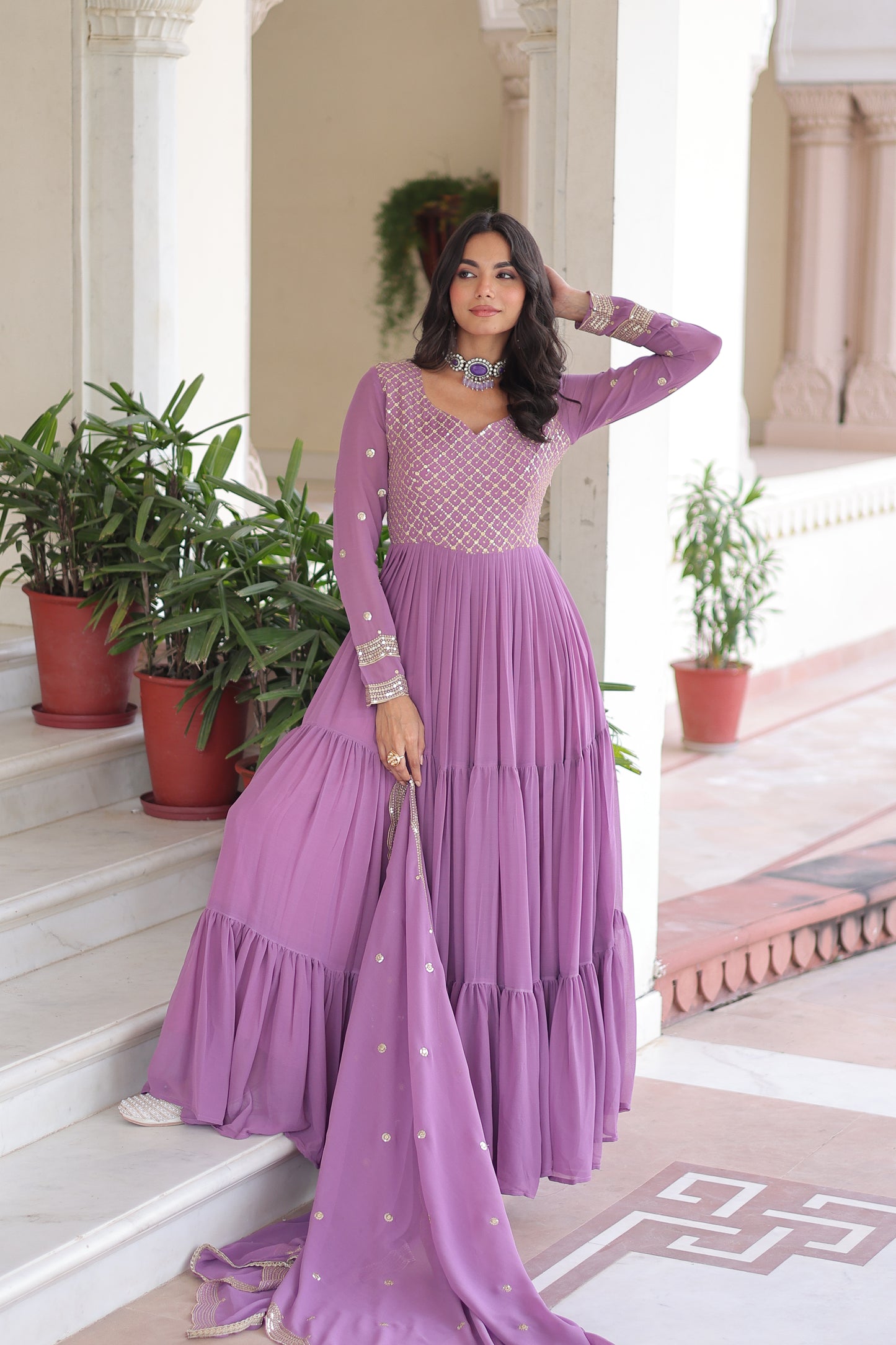 Elegant Faux Georgette 12 Meter Flair Gown with Embroidered Dupatta