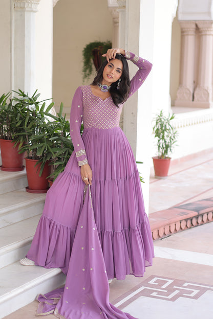 Elegant Faux Georgette 12 Meter Flair Gown with Embroidered Dupatta