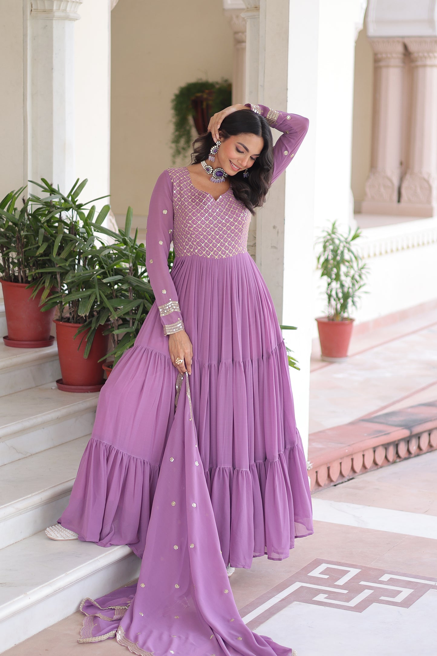 Elegant Faux Georgette 12 Meter Flair Gown with Embroidered Dupatta
