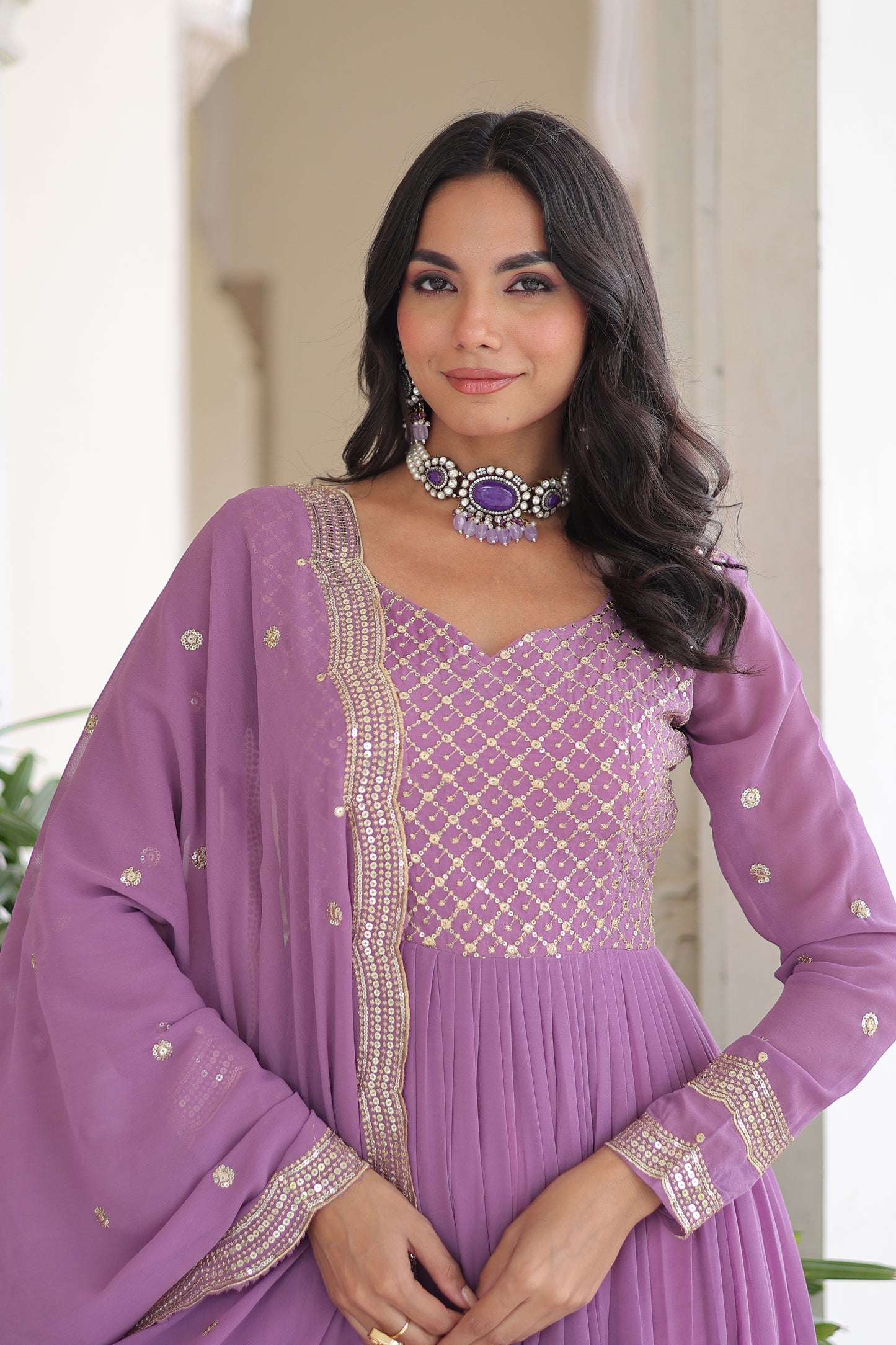 Elegant Faux Georgette 12 Meter Flair Gown with Embroidered Dupatta