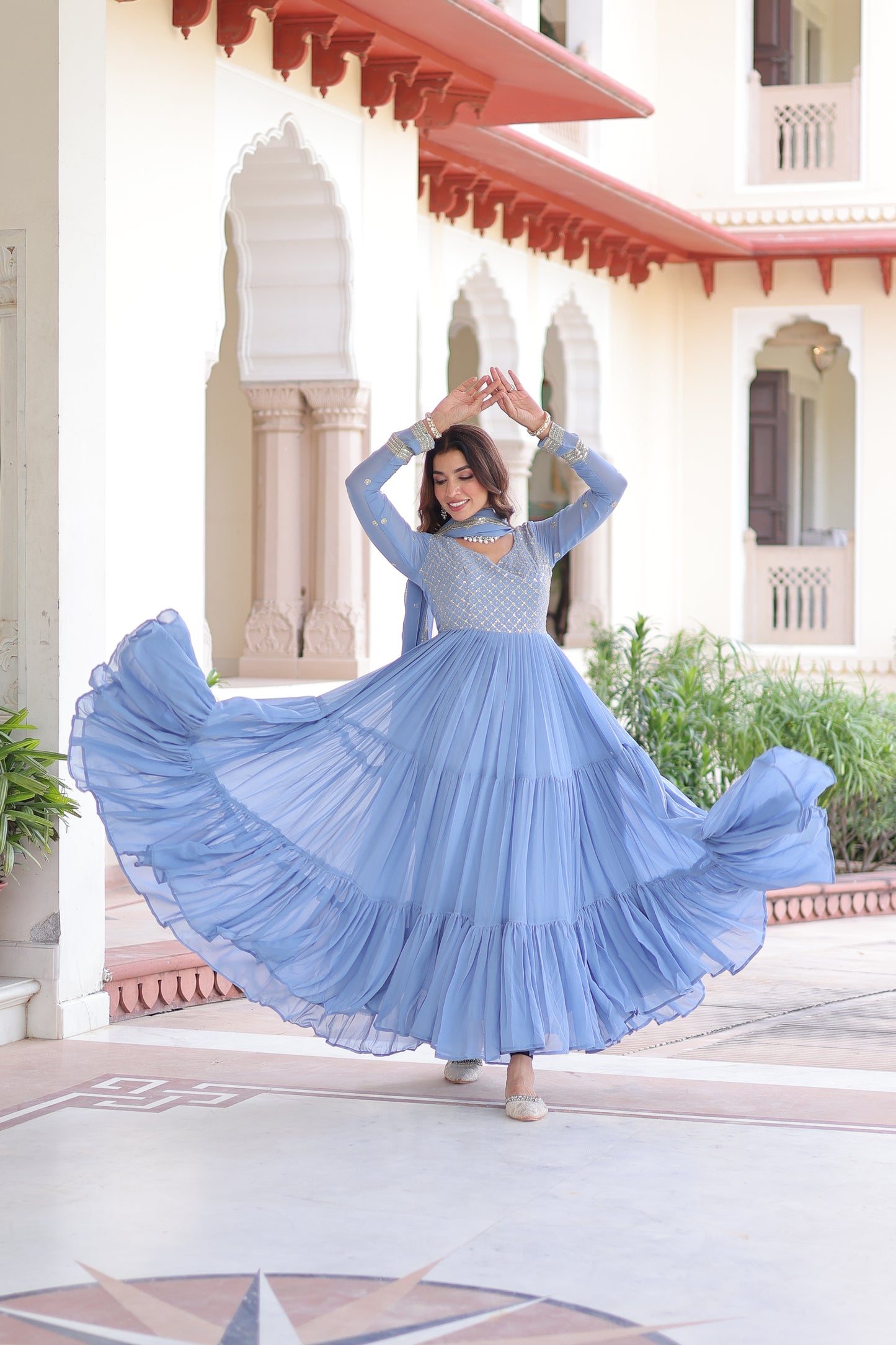 Elegant Faux Georgette 12 Meter Flair Gown with Embroidered Dupatta
