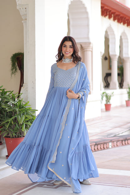 Elegant Faux Georgette 12 Meter Flair Gown with Embroidered Dupatta