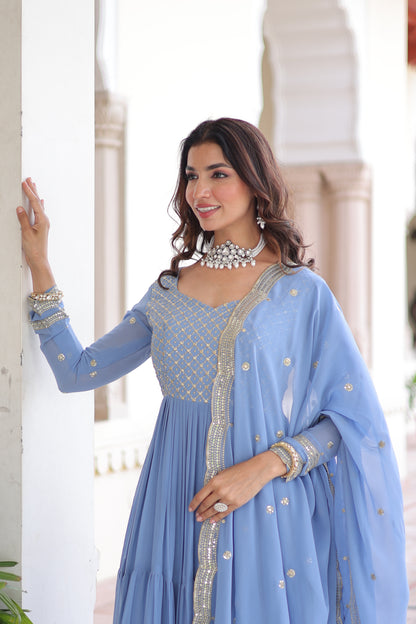 Elegant Faux Georgette 12 Meter Flair Gown with Embroidered Dupatta