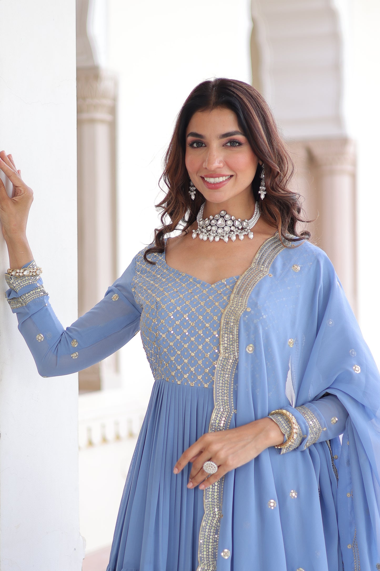 Elegant Faux Georgette 12 Meter Flair Gown with Embroidered Dupatta