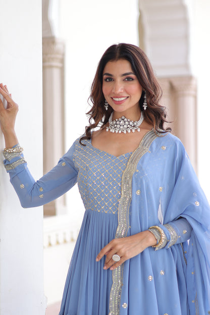 Elegant Faux Georgette 12 Meter Flair Gown with Embroidered Dupatta