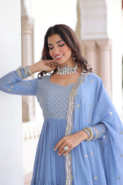 Elegant Faux Georgette 12 Meter Flair Gown with Embroidered Dupatta