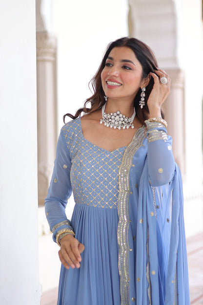 Elegant Faux Georgette 12 Meter Flair Gown with Embroidered Dupatta