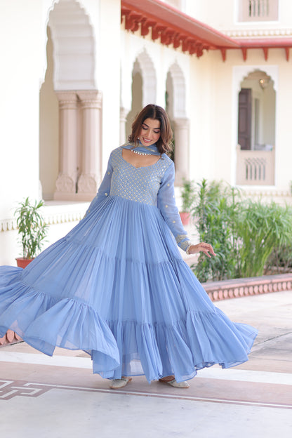 Elegant Faux Georgette 12 Meter Flair Gown with Embroidered Dupatta