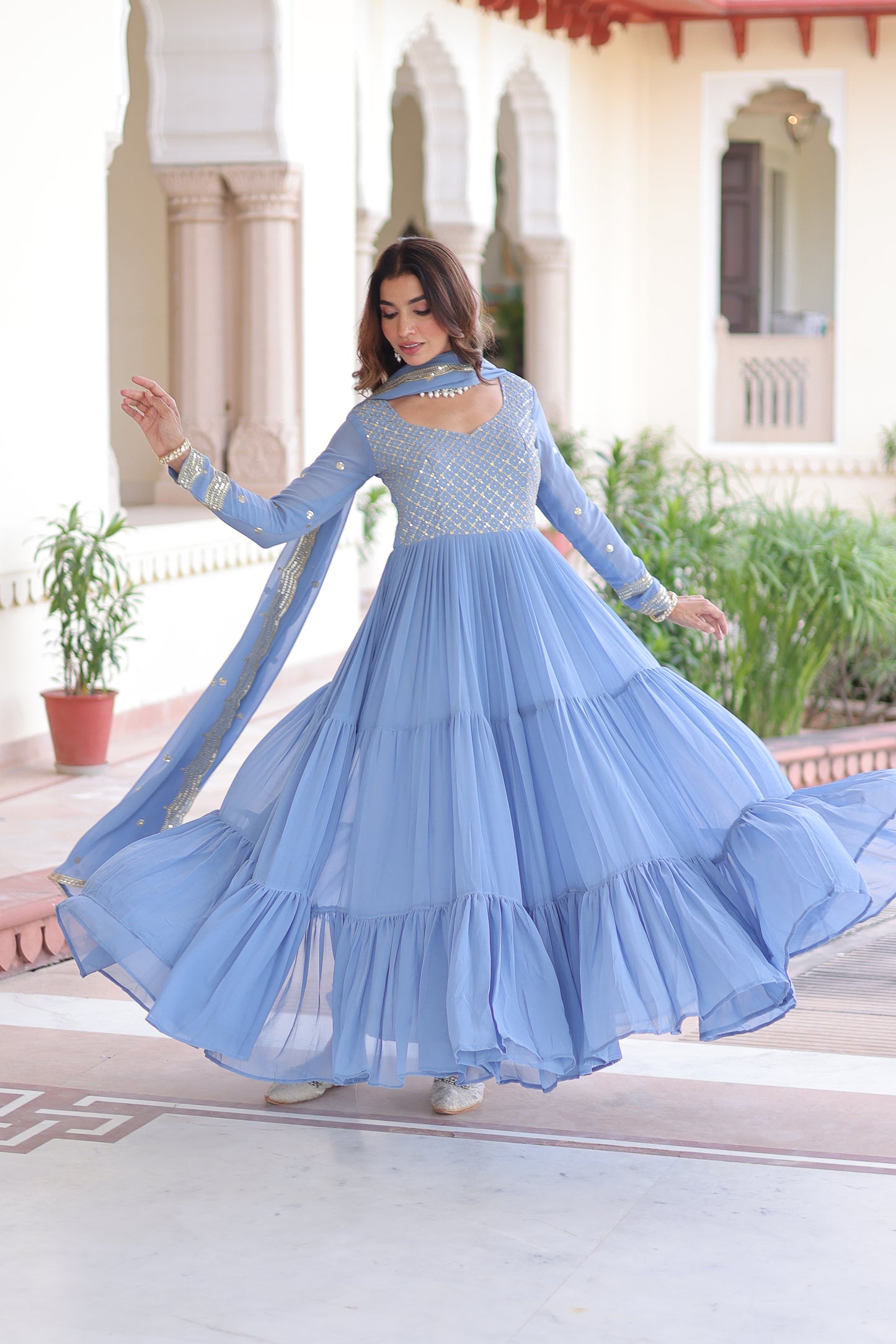 Elegant Faux Georgette 12 Meter Flair Gown with Embroidered Dupatta