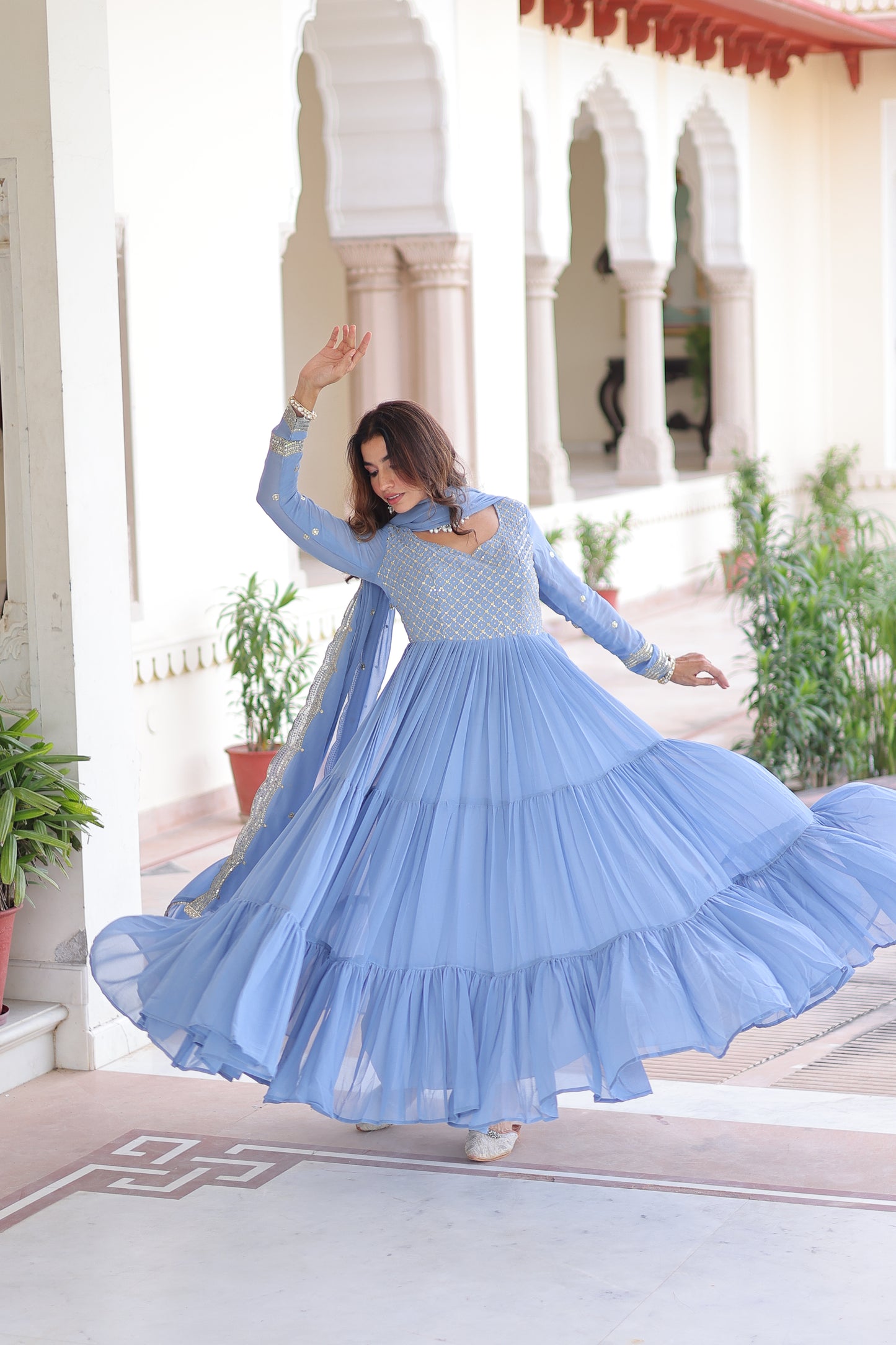 Elegant Faux Georgette 12 Meter Flair Gown with Embroidered Dupatta