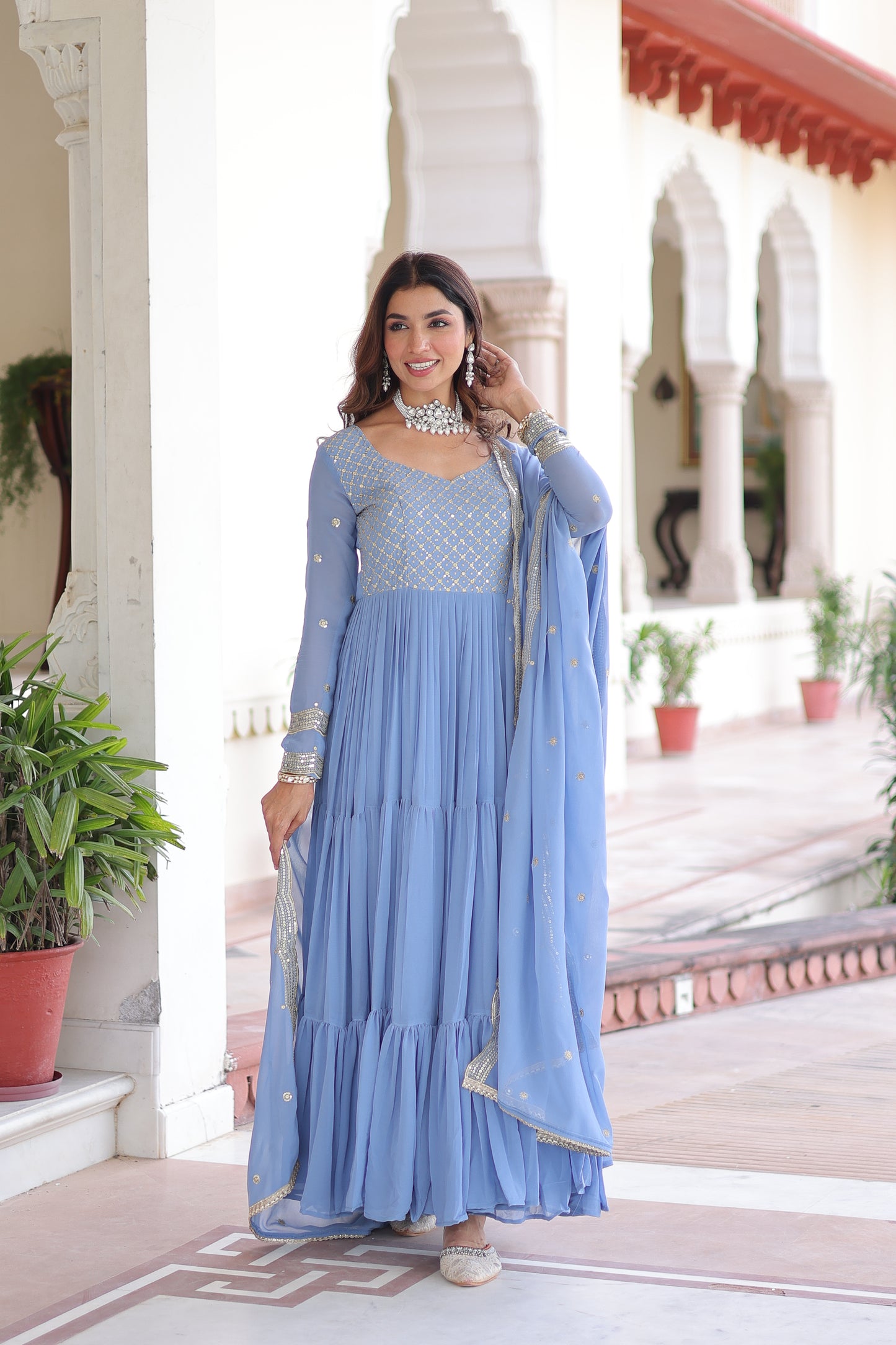Elegant Faux Georgette 12 Meter Flair Gown with Embroidered Dupatta