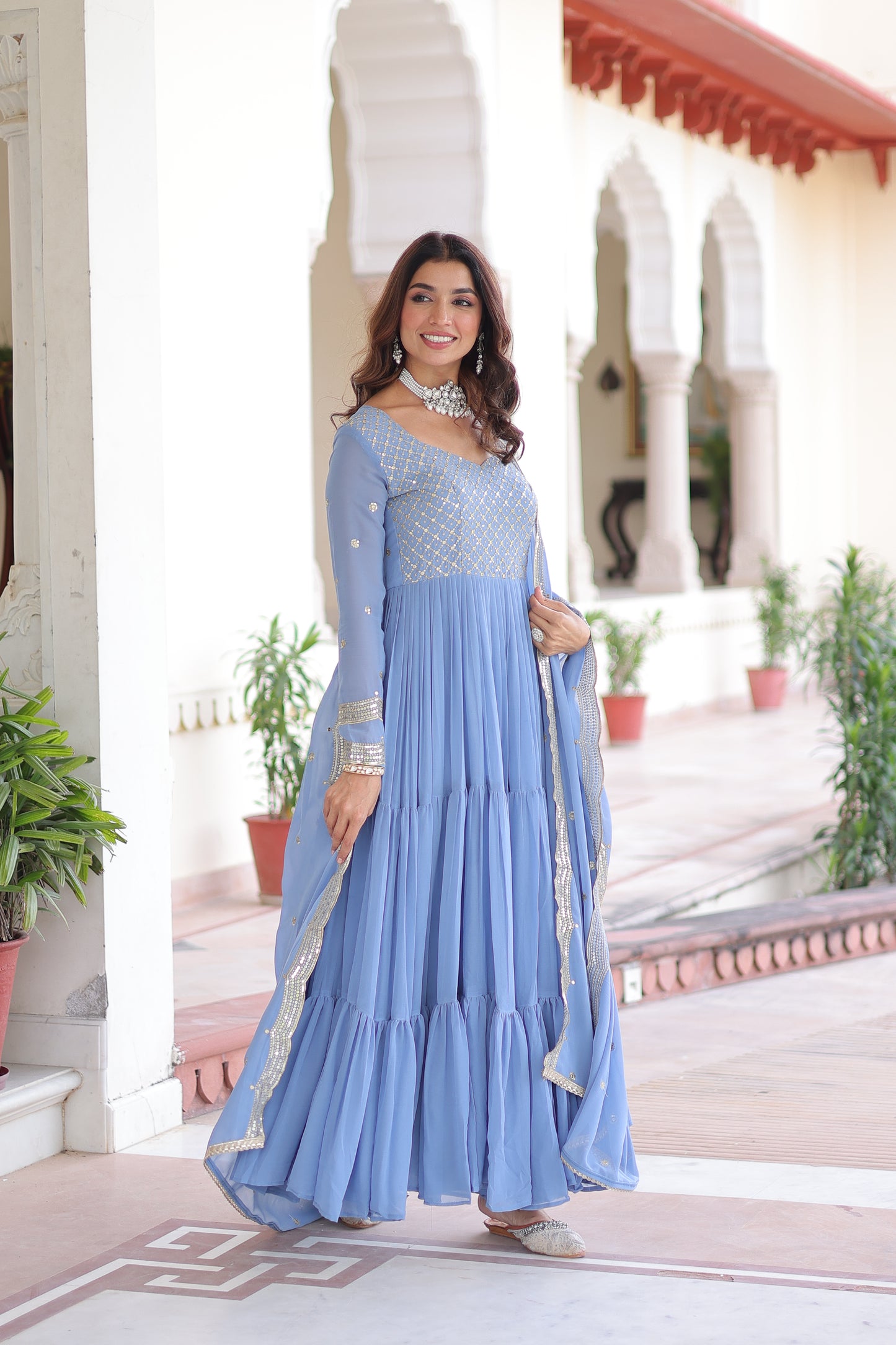Elegant Faux Georgette 12 Meter Flair Gown with Embroidered Dupatta
