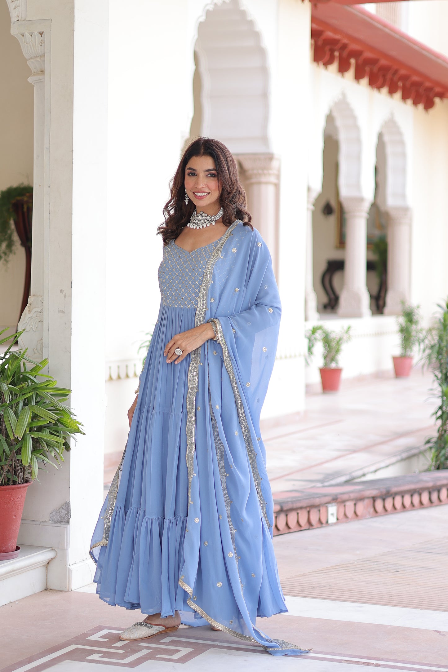 Elegant Faux Georgette 12 Meter Flair Gown with Embroidered Dupatta