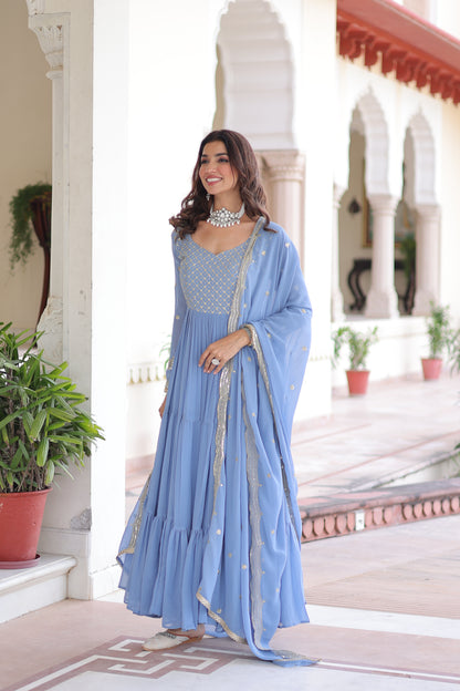 Elegant Faux Georgette 12 Meter Flair Gown with Embroidered Dupatta