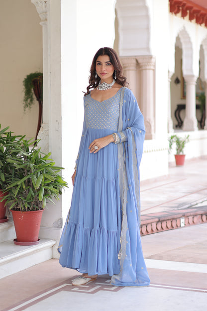 Elegant Faux Georgette 12 Meter Flair Gown with Embroidered Dupatta