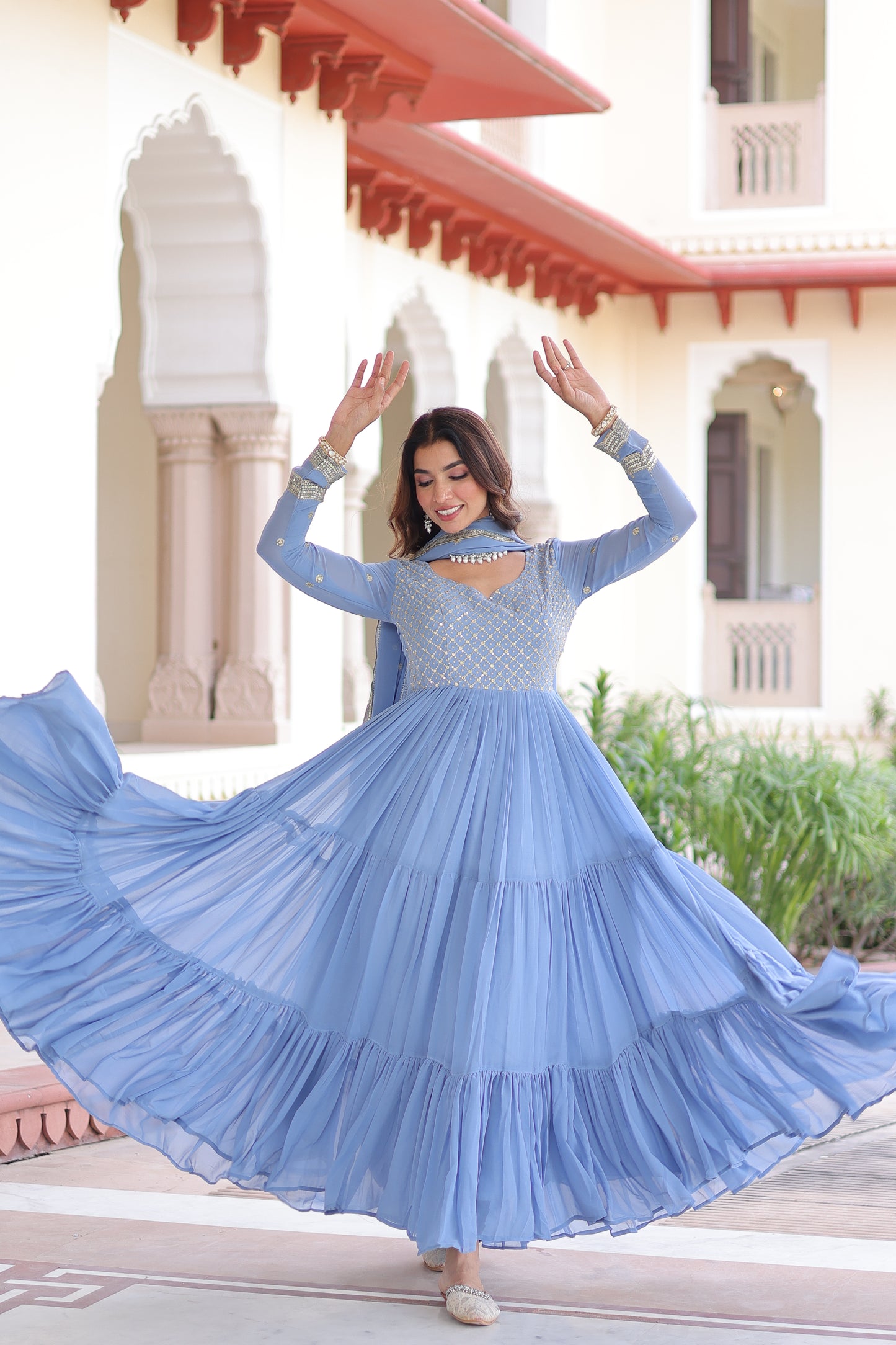 Elegant Faux Georgette 12 Meter Flair Gown with Embroidered Dupatta
