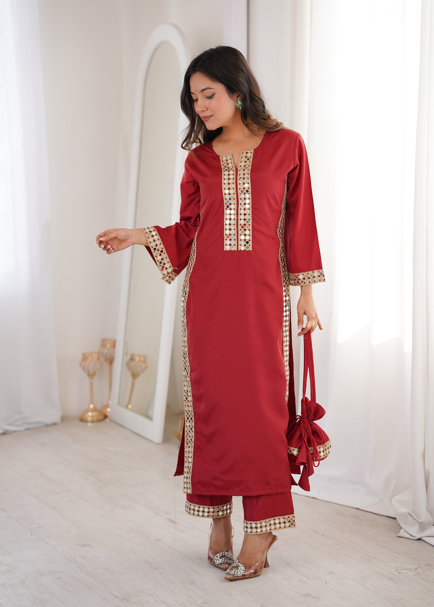 Natural Crepe Mirror Work Kurti Pant Set with Batwa