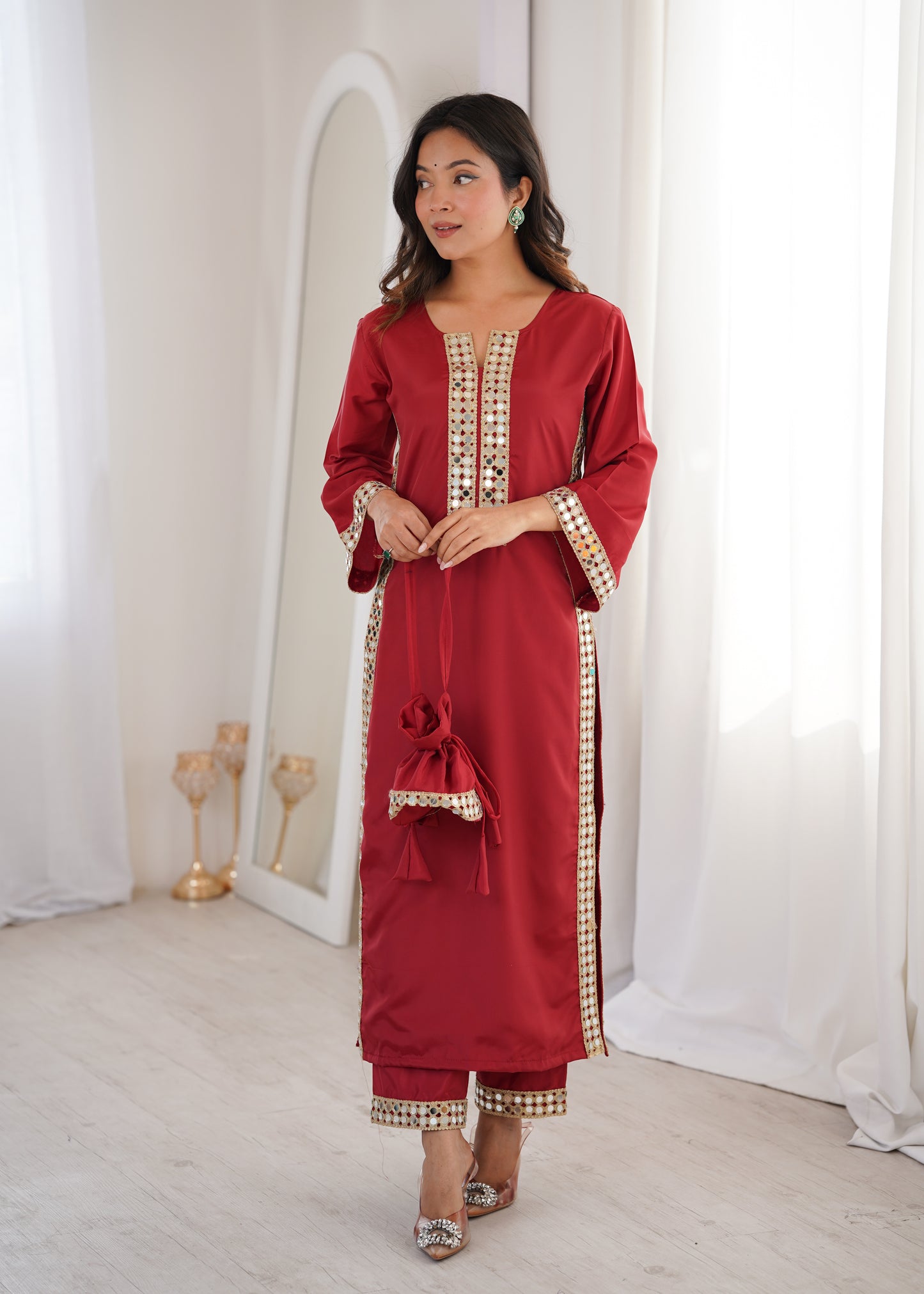 Natural Crepe Mirror Work Kurti Pant Set with Batwa
