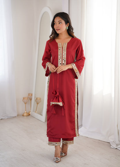 Natural Crepe Mirror Work Kurti Pant Set with Batwa
