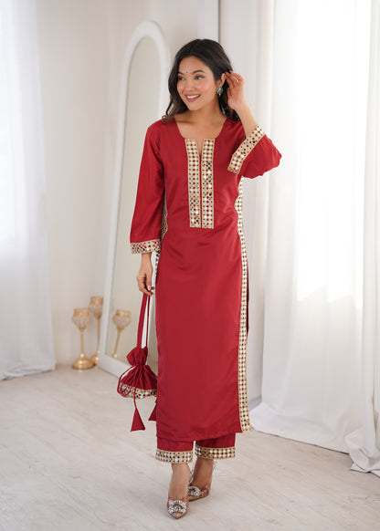 Natural Crepe Mirror Work Kurti Pant Set with Batwa