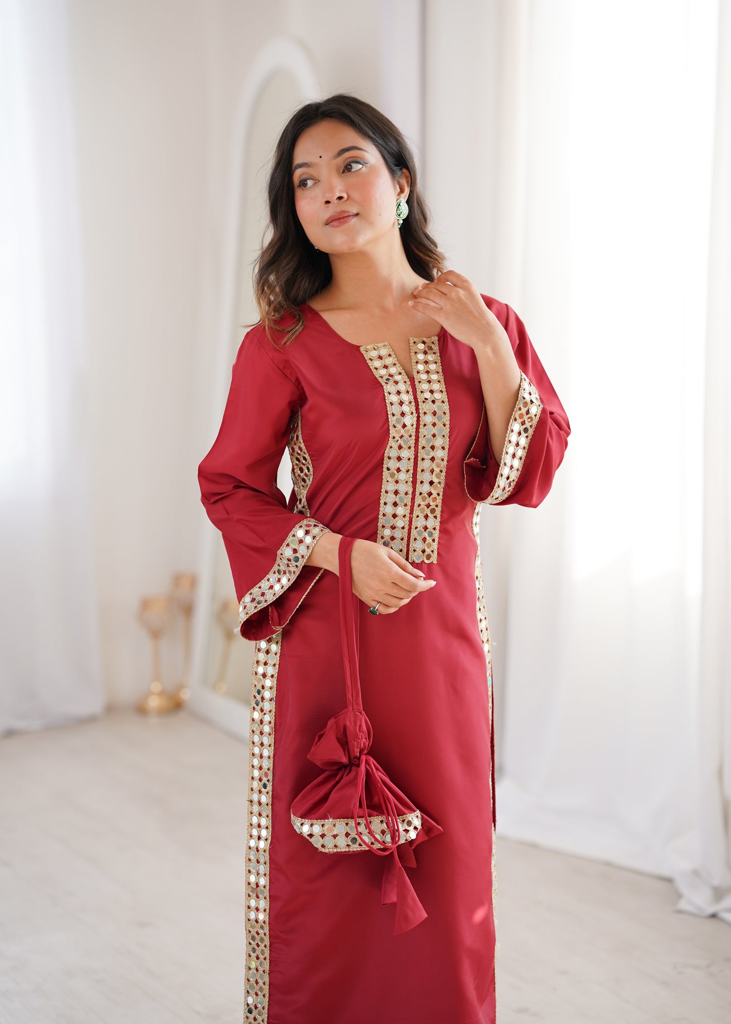 Natural Crepe Mirror Work Kurti Pant Set with Batwa