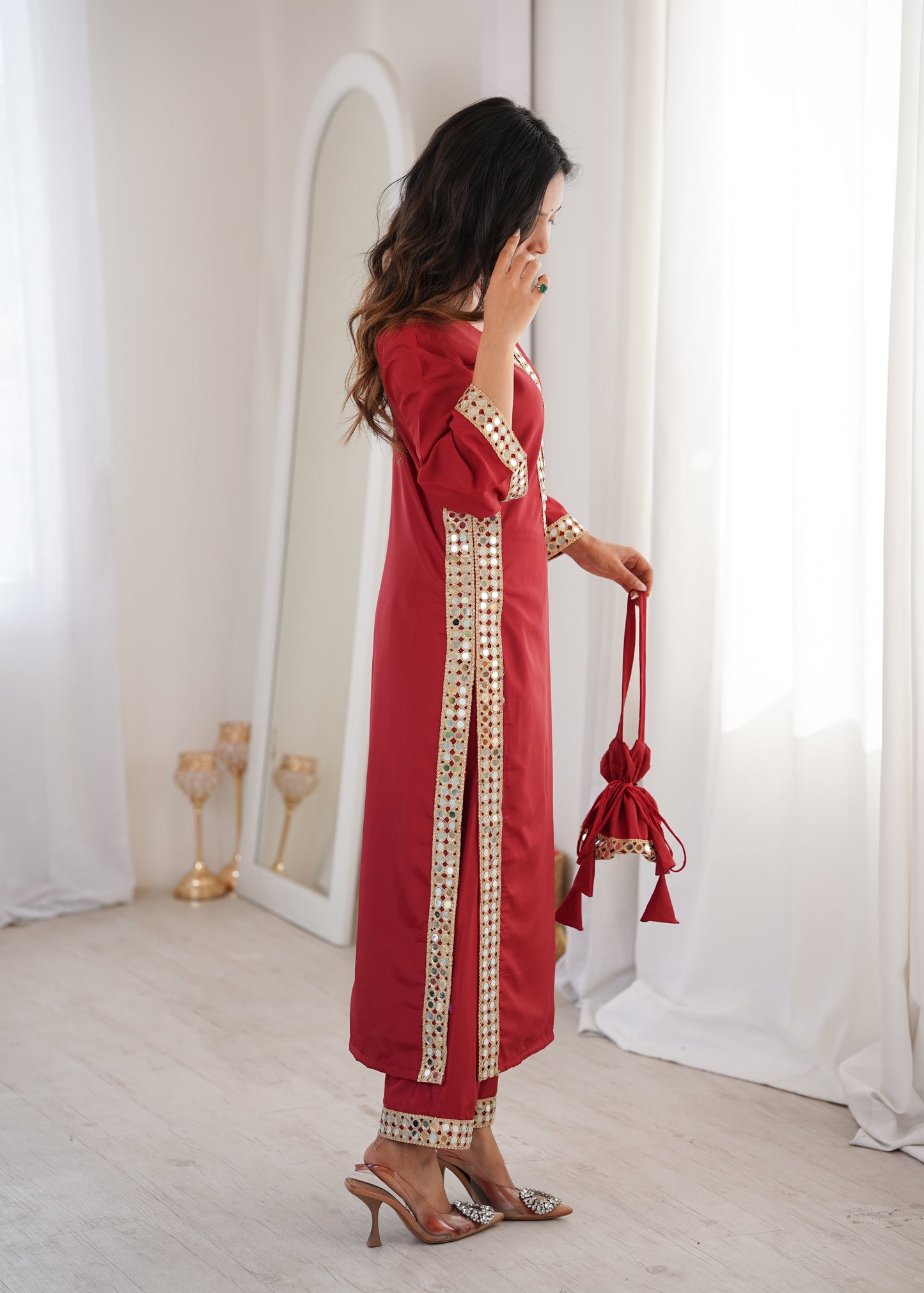 Natural Crepe Mirror Work Kurti Pant Set with Batwa