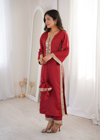 Natural Crepe Mirror Work Kurti Pant Set with Batwa