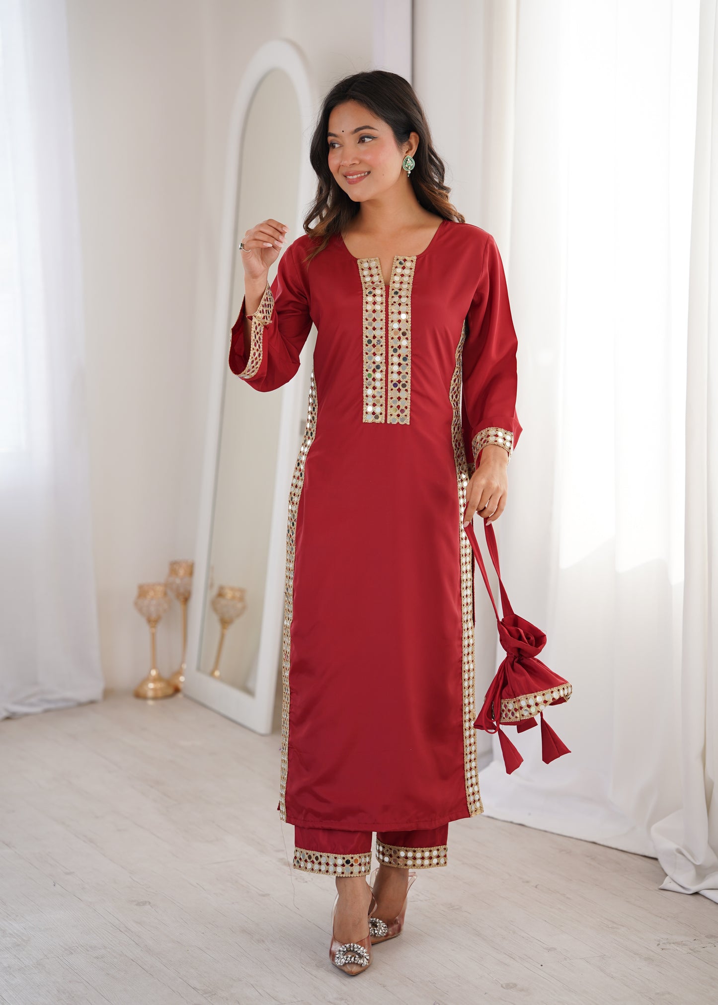 Natural Crepe Mirror Work Kurti Pant Set with Batwa