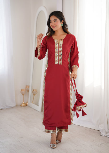 Natural Crepe Mirror Work Kurti Pant Set with Batwa