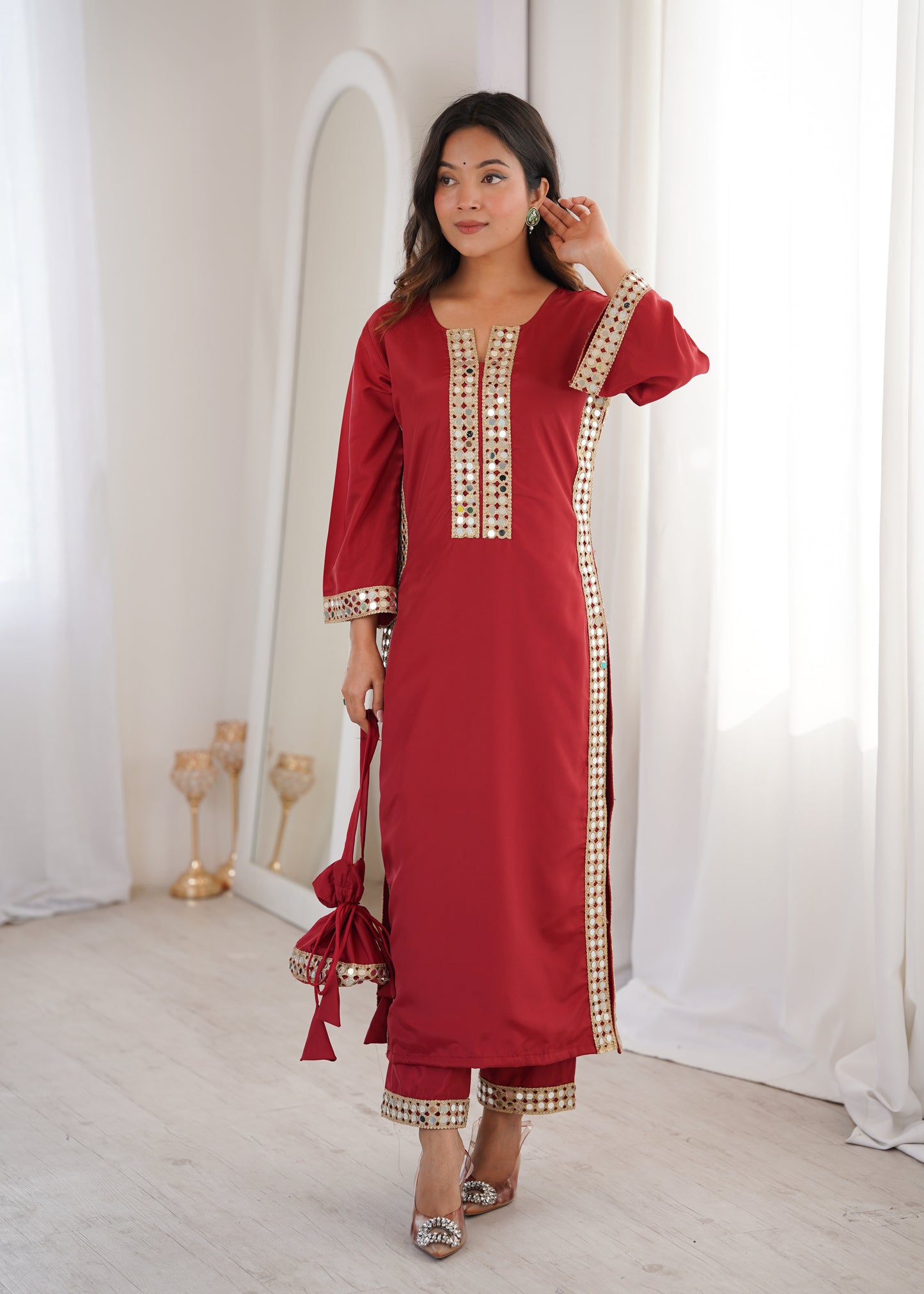 Natural Crepe Mirror Work Kurti Pant Set with Batwa