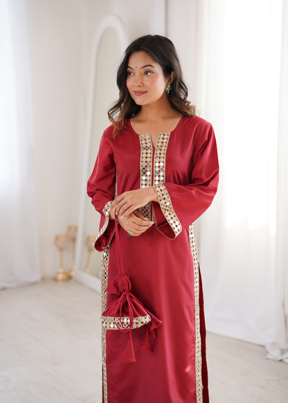Natural Crepe Mirror Work Kurti Pant Set with Batwa