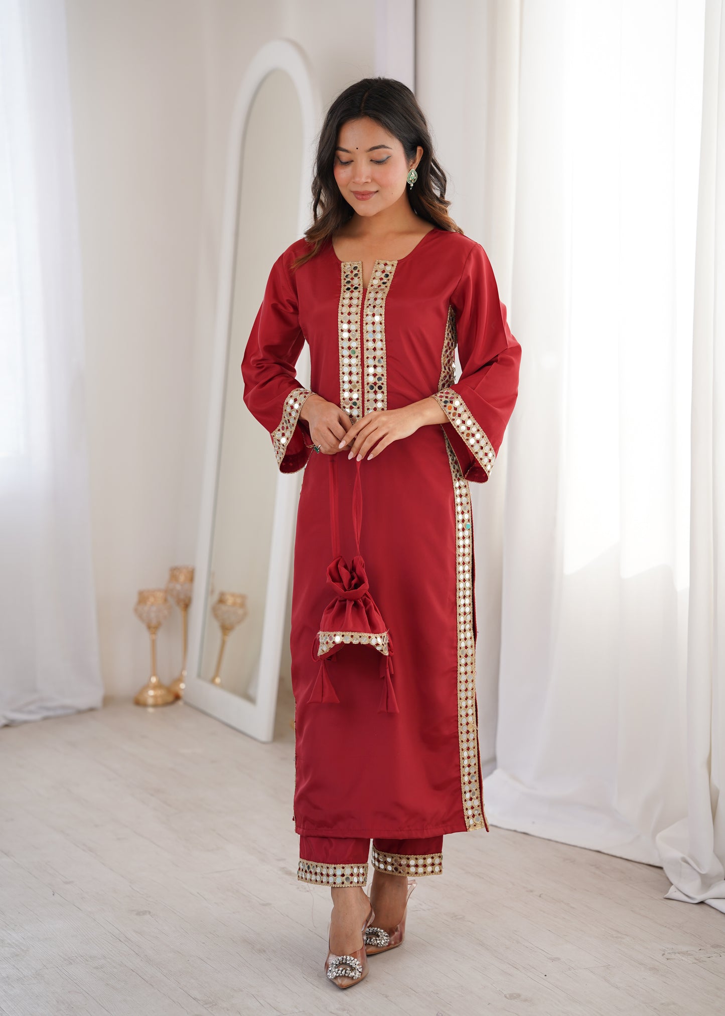 Natural Crepe Mirror Work Kurti Pant Set with Batwa