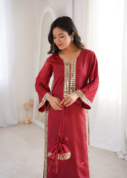 Natural Crepe Mirror Work Kurti Pant Set with Batwa