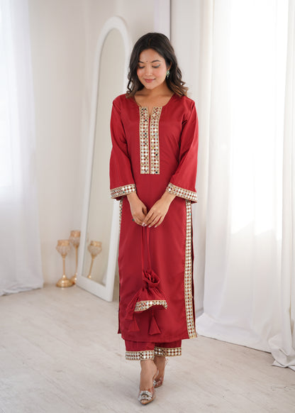 Natural Crepe Mirror Work Kurti Pant Set with Batwa
