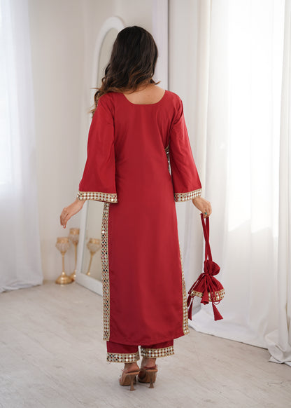 Natural Crepe Mirror Work Kurti Pant Set with Batwa