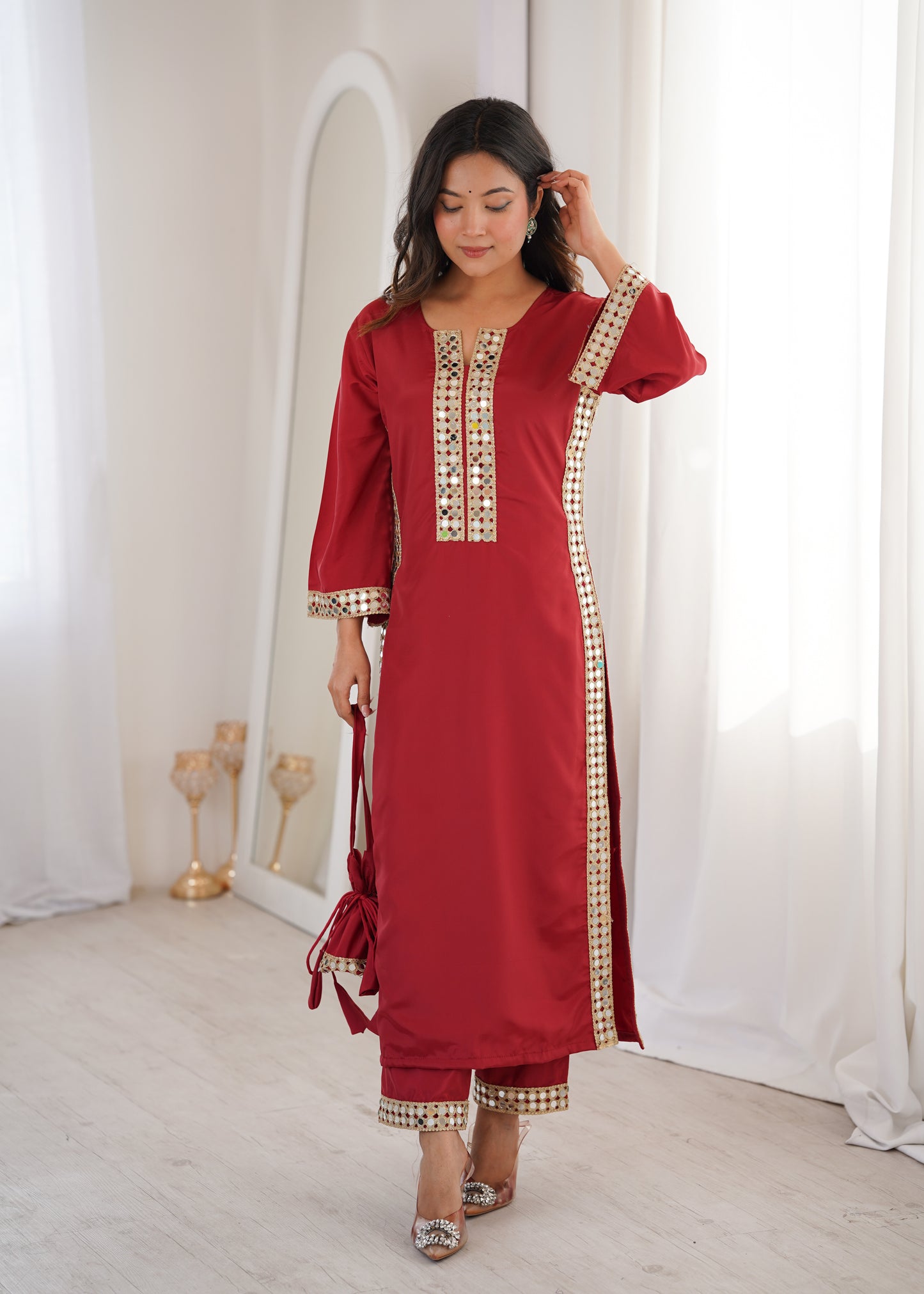 Natural Crepe Mirror Work Kurti Pant Set with Batwa