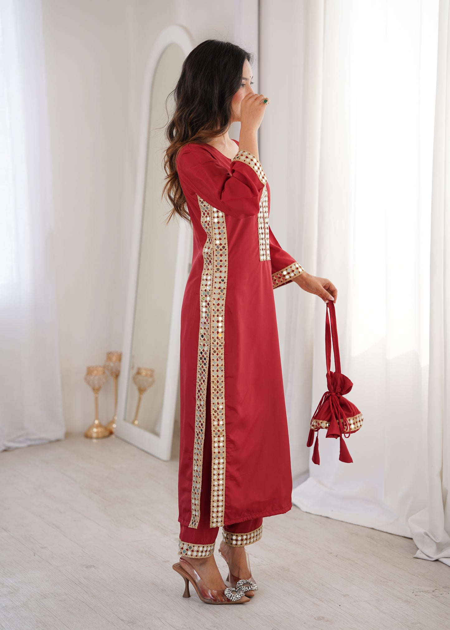 Natural Crepe Mirror Work Kurti Pant Set with Batwa