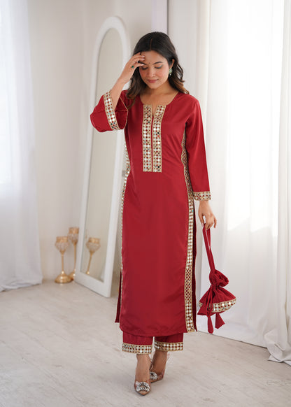 Natural Crepe Mirror Work Kurti Pant Set with Batwa