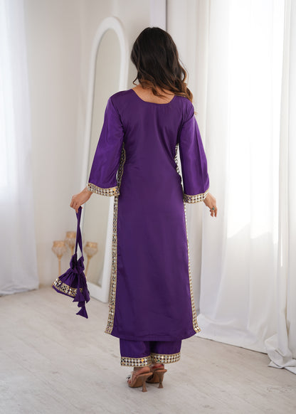 Natural Crepe Mirror Work Kurti Pant Set with Batwa